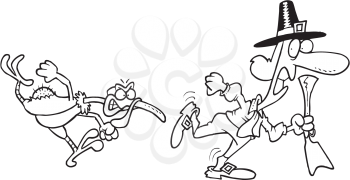 Royalty Free Clipart Image of a Turkey Chasing a Pilgrim With a Weapon