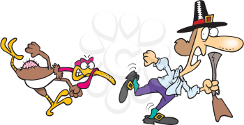 Royalty Free Clipart Image of a Turkey Chasing a Pilgrim With a Musket