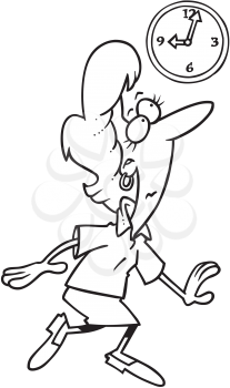 Royalty Free Clipart Image of a Late Woman Tiptoeing Past the Clock