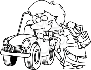 Royalty Free Clipart Image of a Woman Kicking a Car Tire
