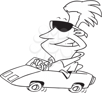 Royalty Free Clipart Image of a Cool Guy in a Little Sports Car