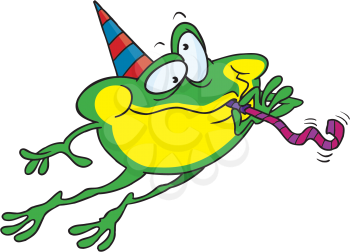Royalty Free Clipart Image of a Frog With a Noisemaker