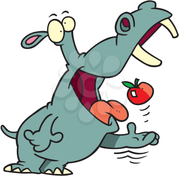 Royalty Free Clipart Image of a Hippopotamus Tossing an Apple in Its Mouth