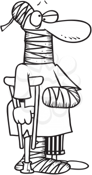 Royalty Free Clipart Image of a Badly Injured Person With a Crutch