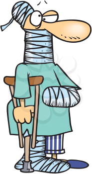 Royalty Free Clipart Image of a Badly Injured Person With a Crutch