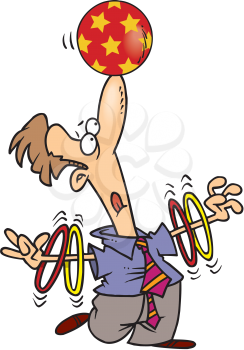 Royalty Free Clipart Image of a Man Balancing a Ball on His Nose While Spinning Rings on His Arms