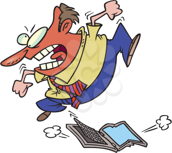 Royalty Free Clipart Image of a Man Stomping on a Laptop