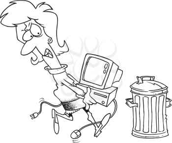 Royalty Free Clipart Image of a Woman Throwing a Computer in the Trash