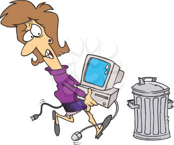Royalty Free Clipart Image of an Angry Woman Throwing a Computer in the Trash