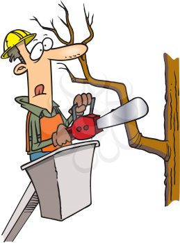 Royalty Free Clipart Image of a Man Trimming a Tree