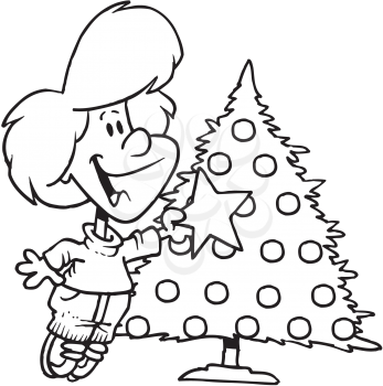 Royalty Free Clipart Image of a Girl Decorating a Christmas Tree