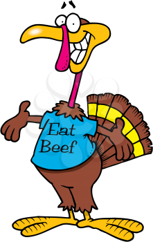 Royalty Free Clipart Image of a Turkey Wearing an Eat Beef Shirt
