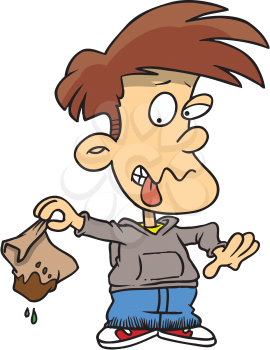 Royalty Free Clipart Image of a Boy Holding a Messy Paper Bag