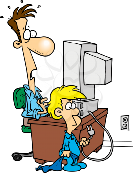 Royalty Free Clipart Image of a Man at a Computer and a Child With the Plug