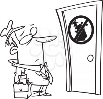 Royalty Free Clipart Image of a Man Looking at a Banned Symbol on a Door