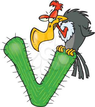 Royalty Free Clipart Image of a Vulture on a V Cactus