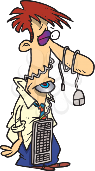 Royalty Free Clipart Image of a Man Who Lost a Fight With a Computer