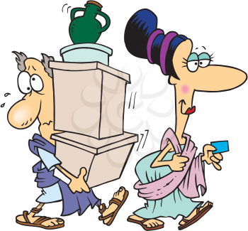 Royalty Free Clipart Image of a Man Carrying Parcels for a Woman