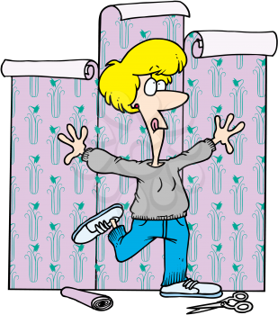 Royalty Free Clipart Image of a Woman Hanging Wallpaper