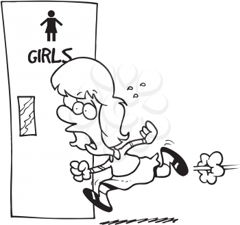 Royalty Free Clipart Image of a Girl Hurrying to a Washroom