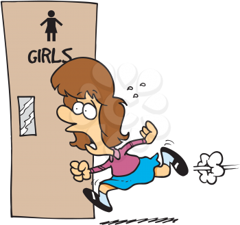 Royalty Free Clipart Image of a Girl Hurrying to the Washroom