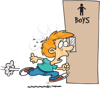 Royalty Free Clipart Image of a Boy Hurrying to the Washroom