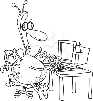 Royalty Free Clipart Image of a Man in a Spider Suit at a Computer