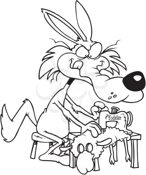 Royalty Free Clipart Image of a Wolf Sewing a Sheep Suit