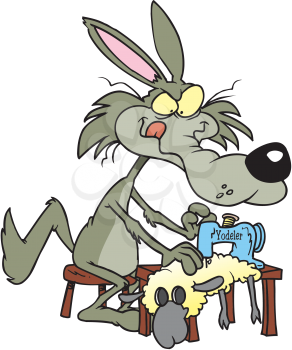 Royalty Free Clipart Image of a Wolf Making a Sheep Suit
