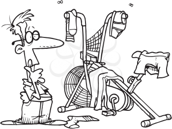 Royalty Free Clipart Image of a Man Using Exercise Equipment to Dry Clothes On