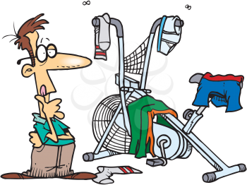 Royalty Free Clipart Image of a Man Using a Workout Machine to Dry Clothes On