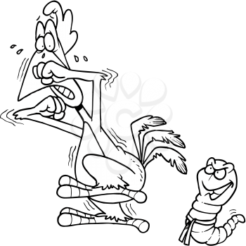 Royalty Free Clipart Image of a Bird Frightened by a Worm