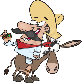 Royalty Free Clipart Image of a Man Riding a Donkey and Eating A Taco