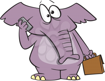 Royalty Free Clipart Image of an Elephant Holding a Briefcase Talking on a Cellphone