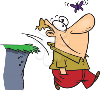 Royalty Free Clipart Image of a Man Watching a Butterfly and Falling Off a Cliff