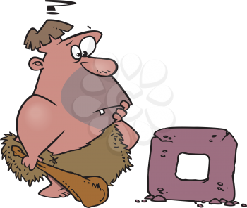 Royalty Free Clipart Image of a Caveman Holding a Club and Looking at a Square Stone Wheel
