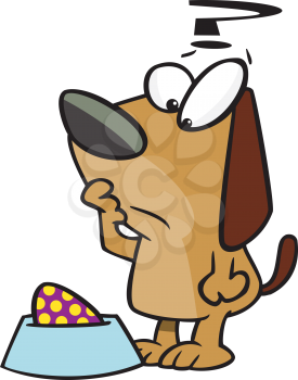Royalty Free Clipart Image of a Dog Puzzled By an Easter Egg in Its Dish