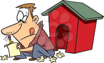 Royalty Free Clipart Image of a
Man Sitting Outside a Doghouse