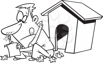 Royalty Free Clipart Image of a
Man Sitting Outside a Doghouse