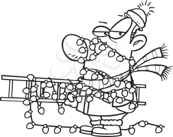 Royalty Free Clipart Image of a Man Tangled in Christmas Lights