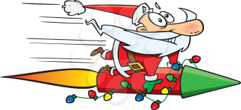 Royalty Free Clipart Image of a Fast Santa on a Rocket Ship