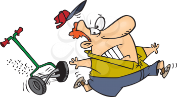 Royalty Free Clipart Image of a Man Being Chased By a Push Mower