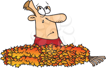 Royalty Free Clipart Image of a Man Crying in a Pile of Leaves