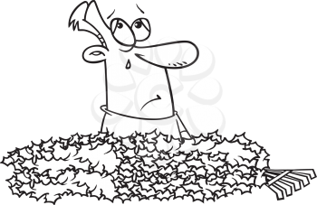 Royalty Free Clipart Image of a Man Crying in a Pile of Leaves