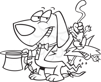 Royalty Free Clipart Image of a Dog Wearing a Magician Costume Pulling a Cat Out of a Top Hat
