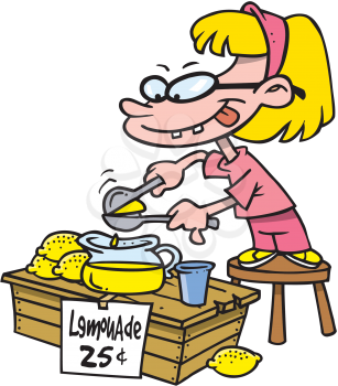 Royalty Free Clipart Image of a Girl Making Lemonade at a Lemonade Stand