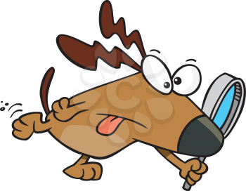 Royalty Free Clipart Image of a Dog Holding a Magnifying Glass