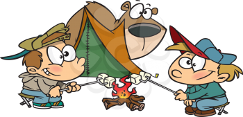 Royalty Free Clipart Image of Boys Camping and a Bear Hiding Behind the Tent