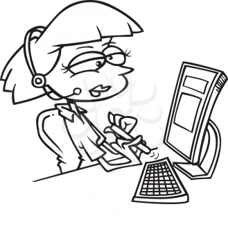 Royalty Free Clipart Image of a Woman Filing Her Nails at the Computer