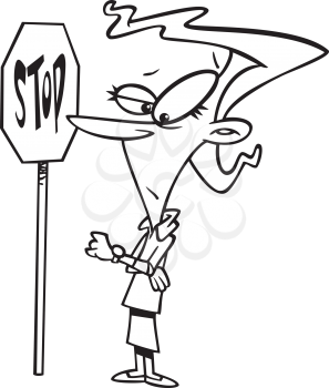 Royalty Free Clipart Image of a Woman Standing at a Stop Sign